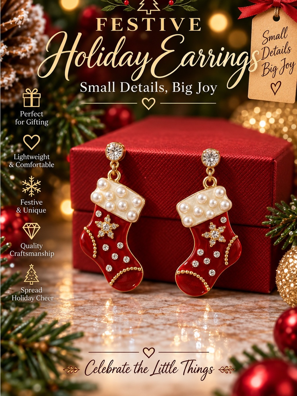 Festive Red Stocking Drop Earrings with Pearl Cuff